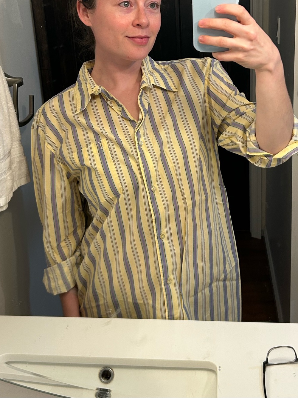 Victoria's Secret Butter Yellow, Pink, and Blue Striped Button-Down Shirt
